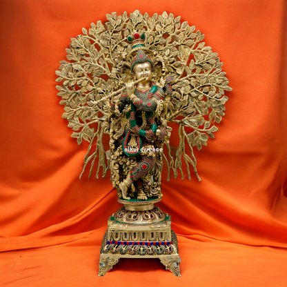 Big Krishna With Tree Brass with Stone Work Beauty idol - 35 inches Nikuressence