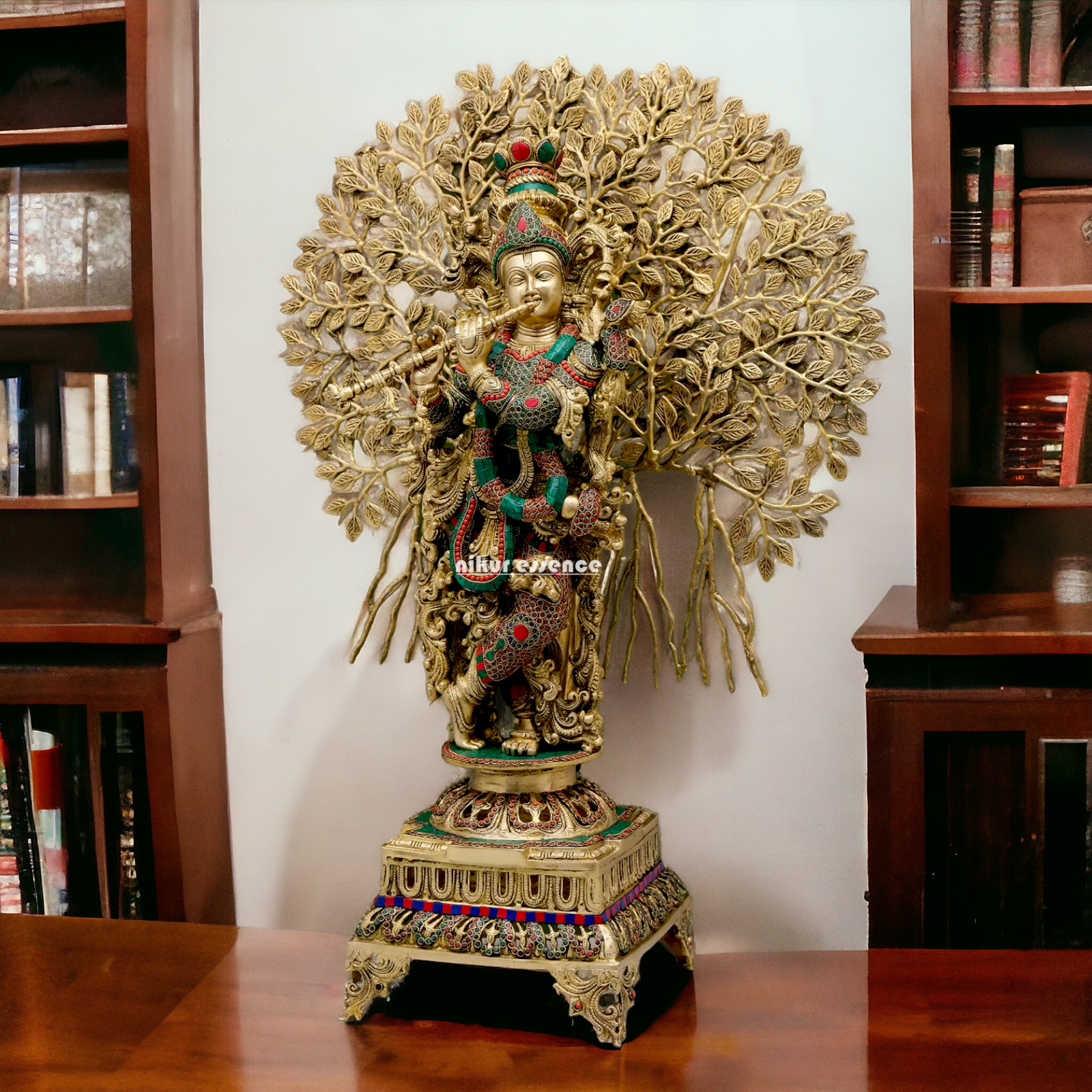 Big Krishna With Tree Brass with Stone Work Beauty idol - 35 inches Nikuressence