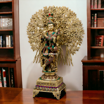 Big Krishna With Tree Brass with Stone Work Beauty idol - 35 inches Nikuressence