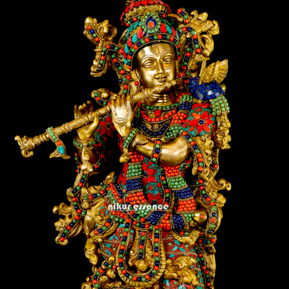 Large Radha Krishna Standing Beauty Brass Figurine with Stone Work - 29 inches Nikuressence