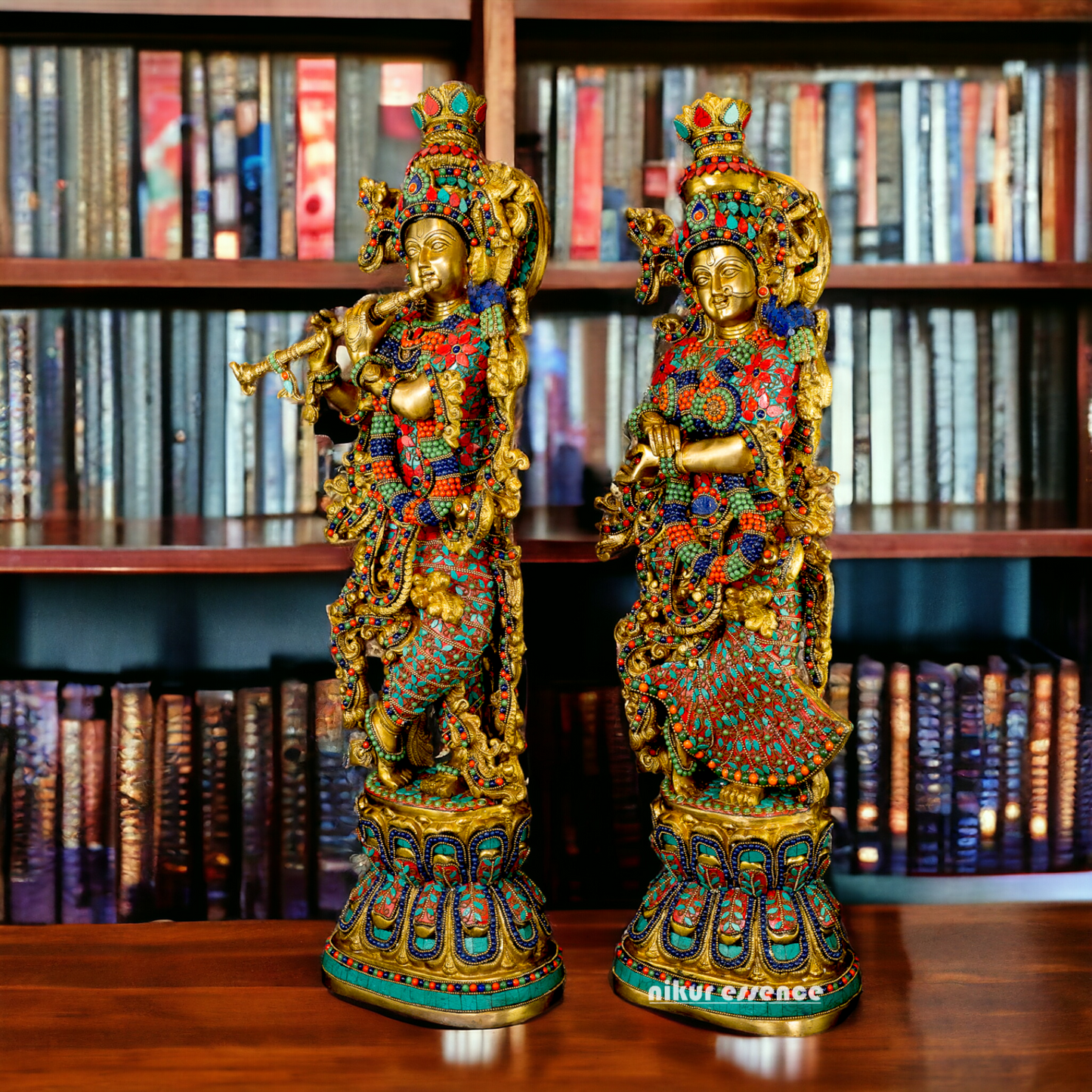 Large Radha Krishna Standing Beauty Brass Figurine with Stone Work - 29 inches Nikuressence