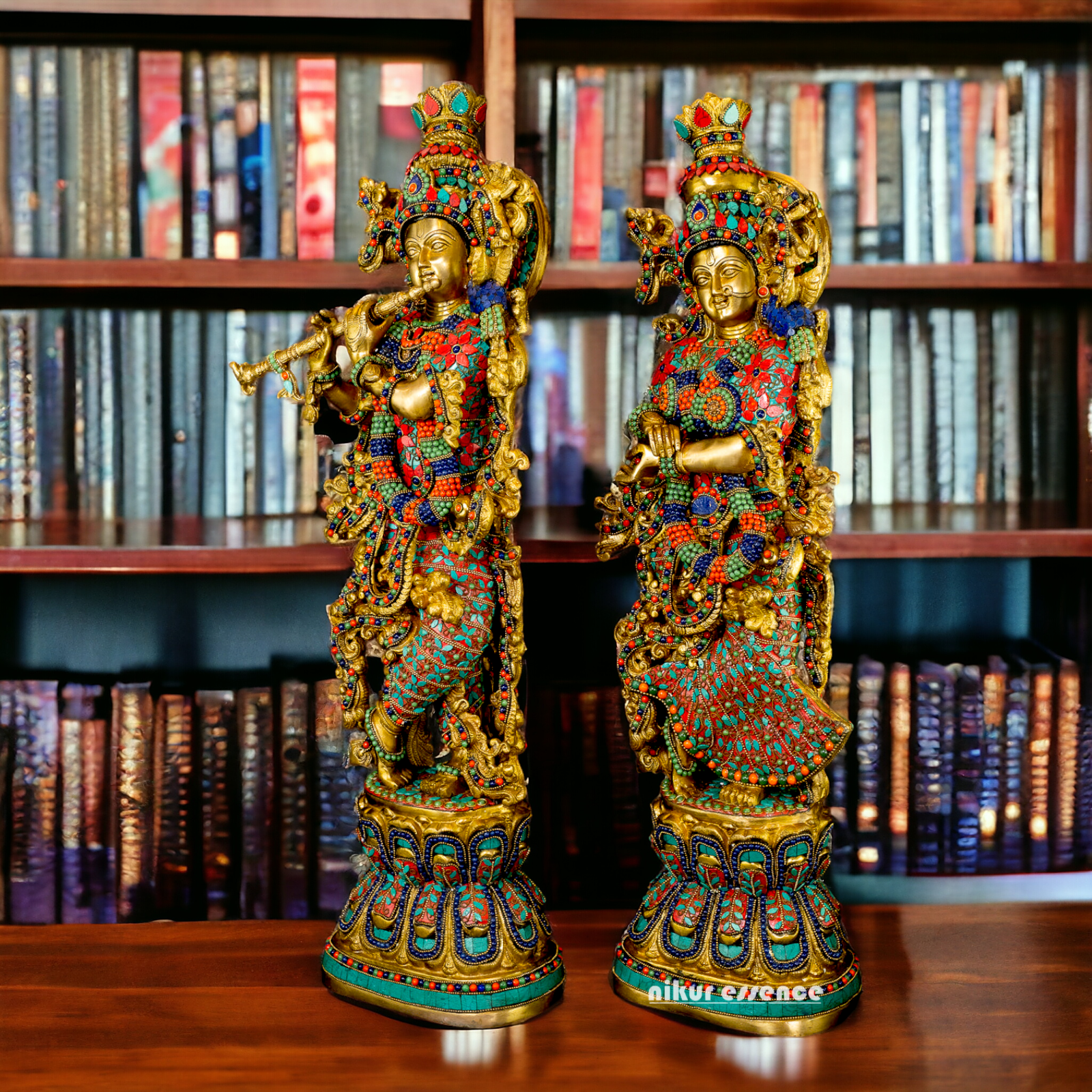Large Radha Krishna Standing Beauty Brass Figurine with Stone Work - 29 inches Nikuressence