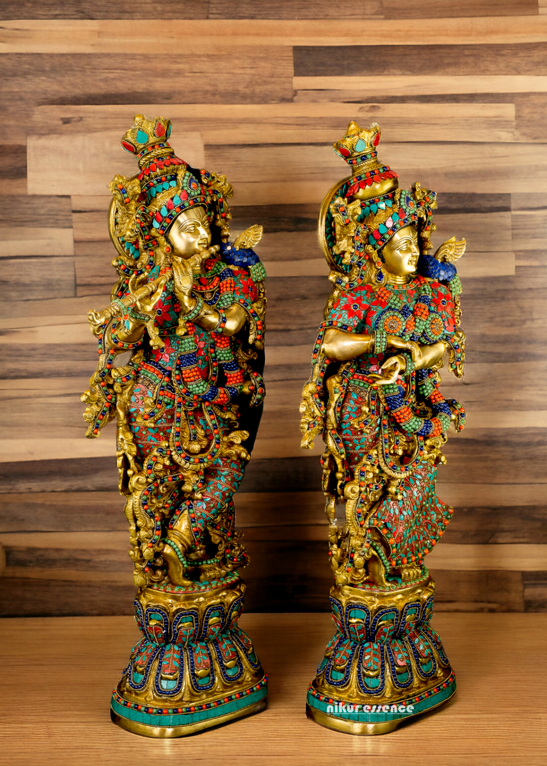Large Radha Krishna Standing Beauty Brass Figurine with Stone Work - 29 inches Nikuressence