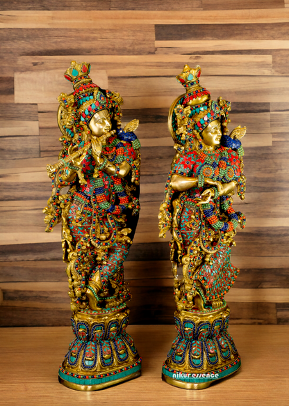 Large Radha Krishna Standing Beauty Brass Figurine with Stone Work - 29 inches Nikuressence