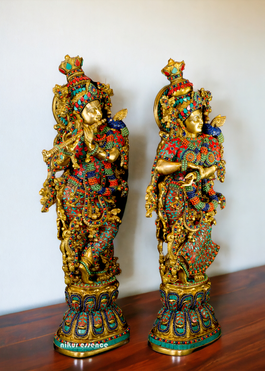 Large Radha Krishna Standing Beauty Brass Figurine with Stone Work - 29 inches Nikuressence