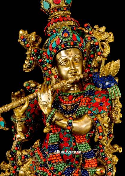 Large Radha Krishna Standing Beauty Brass Figurine with Stone Work - 29 inches Nikuressence