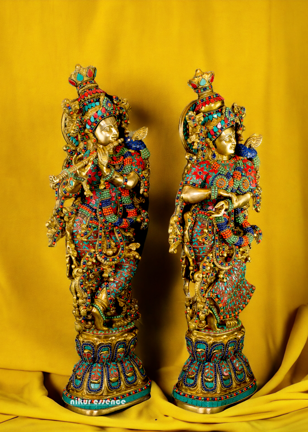 Large Radha Krishna Standing Beauty Brass Figurine with Stone Work - 29 inches Nikuressence