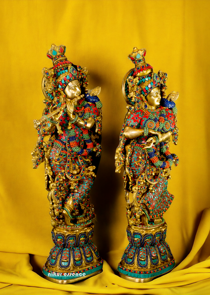Large Radha Krishna Standing Beauty Brass Figurine with Stone Work - 29 inches Nikuressence