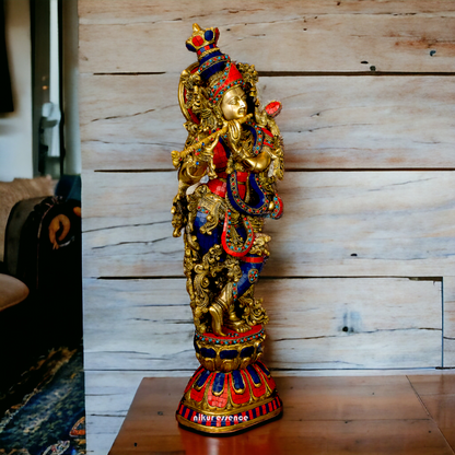 Lord Radha Krishna Govind Standing Brass Idol with Stone Work - 24 inches Nikuressence