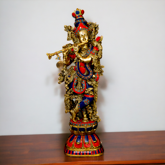 Lord Radha Krishna Govind Standing Brass Idol with Stone Work - 24 inches Nikuressence