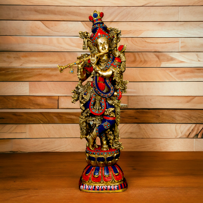 Lord Radha Krishna Govind Standing Brass Idol with Stone Work - 24 inches Nikuressence