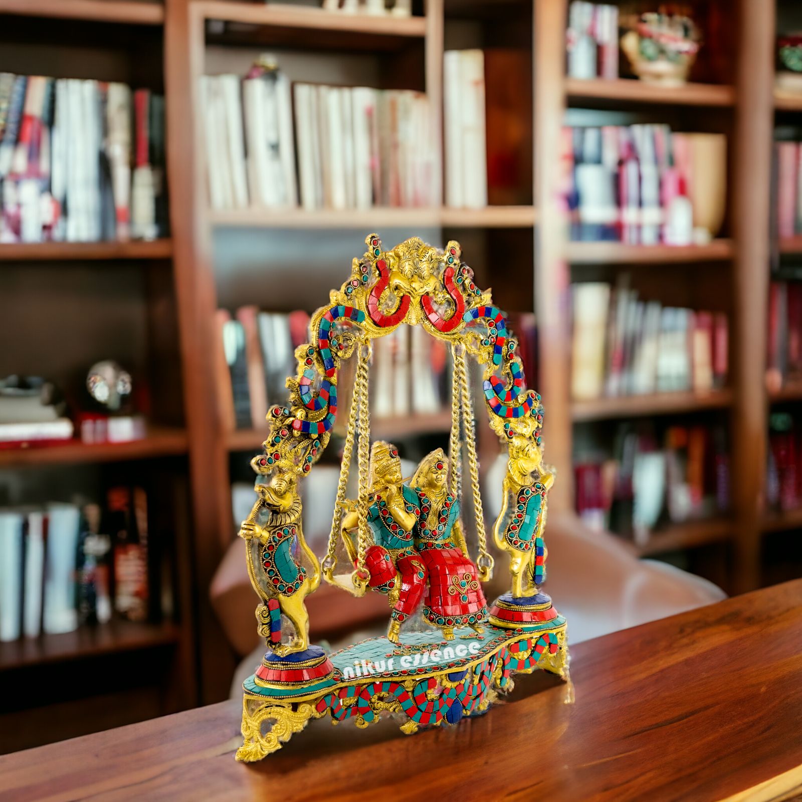 Brass Radha Krishna Swinging Jhula with Stone Work idol - 18 inches Nikuressence