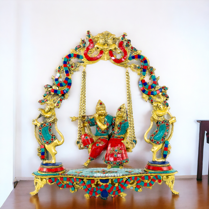 Brass Radha Krishna Swinging Jhula with Stone Work idol - 18 inches Nikuressence