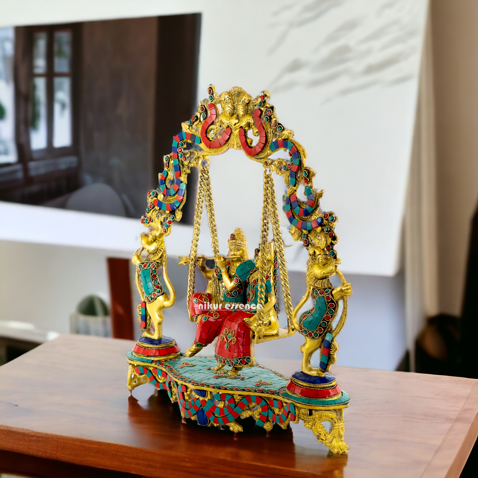 Brass Radha Krishna Swinging Jhula with Stone Work idol - 18 inches Nikuressence