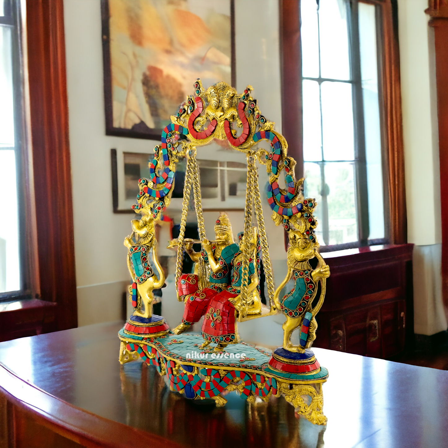 Brass Radha Krishna Swinging Jhula with Stone Work idol - 18 inches Nikuressence