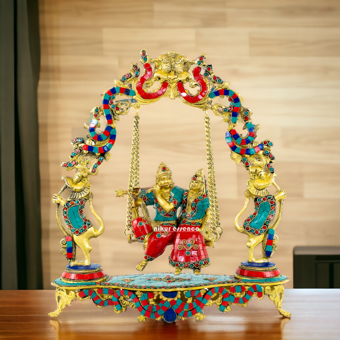 Brass Radha Krishna Swinging Jhula with Stone Work idol - 18 inches Nikuressence