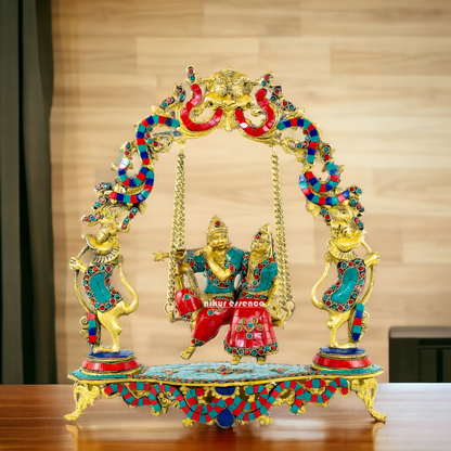Brass Radha Krishna Swinging Jhula with Stone Work idol - 18 inches Nikuressence