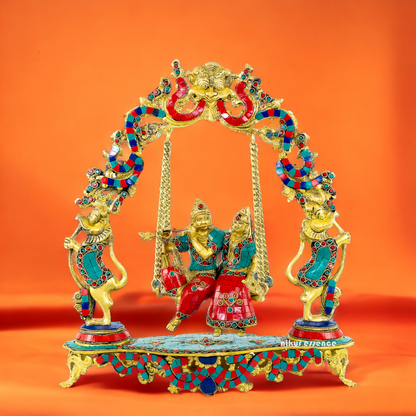 Brass Radha Krishna Swinging Jhula with Stone Work idol - 18 inches Nikuressence