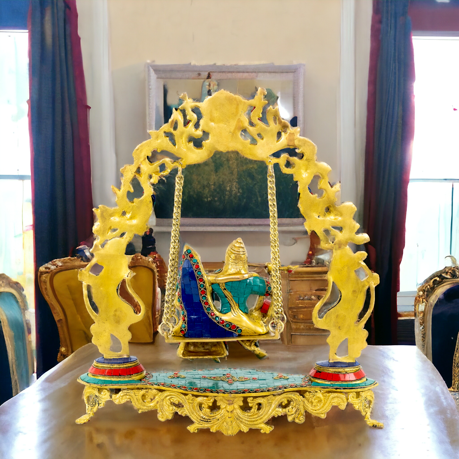 Brass Radha Krishna Swinging Jhula with Stone Work idol - 18 inches Nikuressence