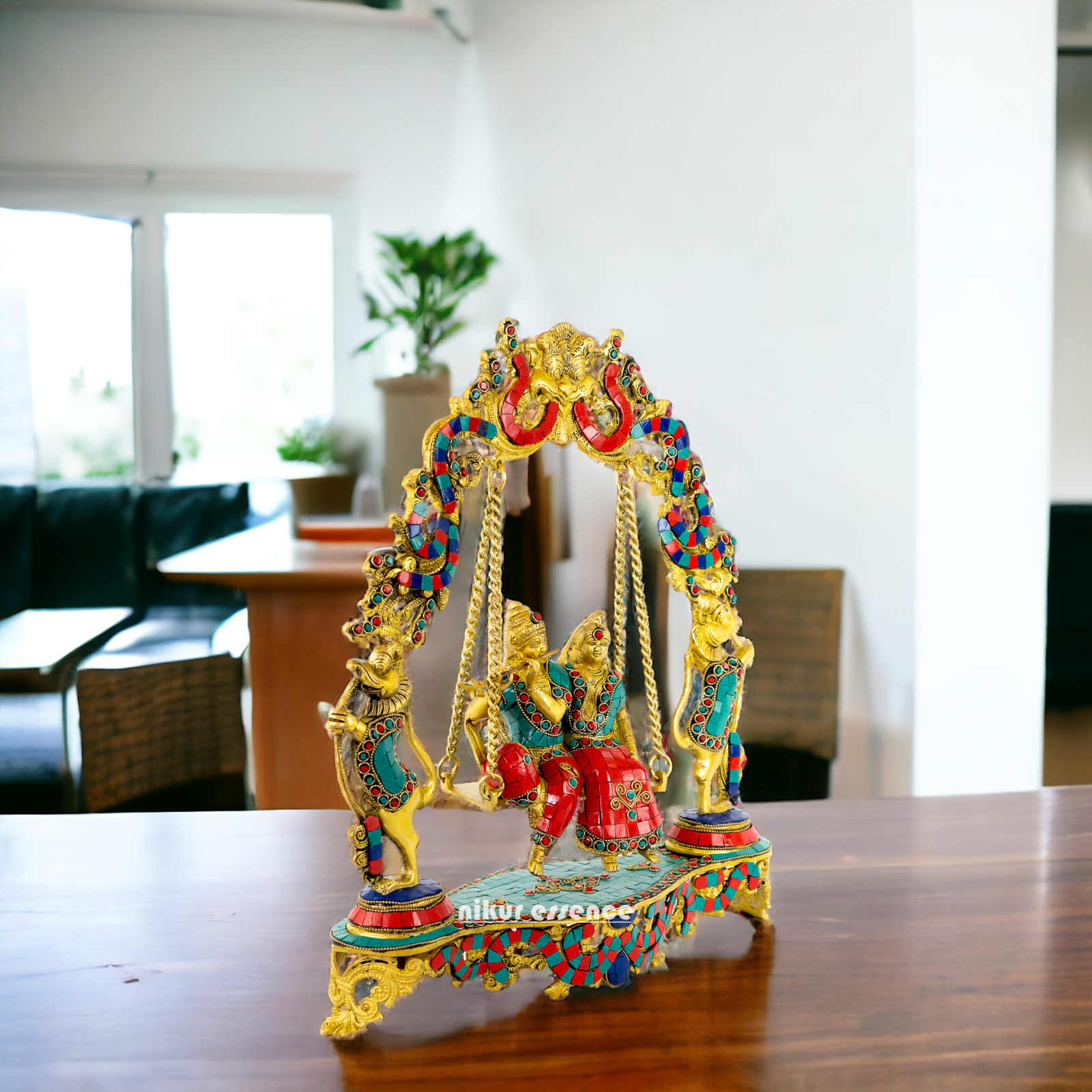 Brass Radha Krishna Swinging Jhula with Stone Work idol - 18 inches Nikuressence