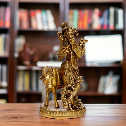 Pure Brass Krishna with cow statue - 10 inches Nikuressence