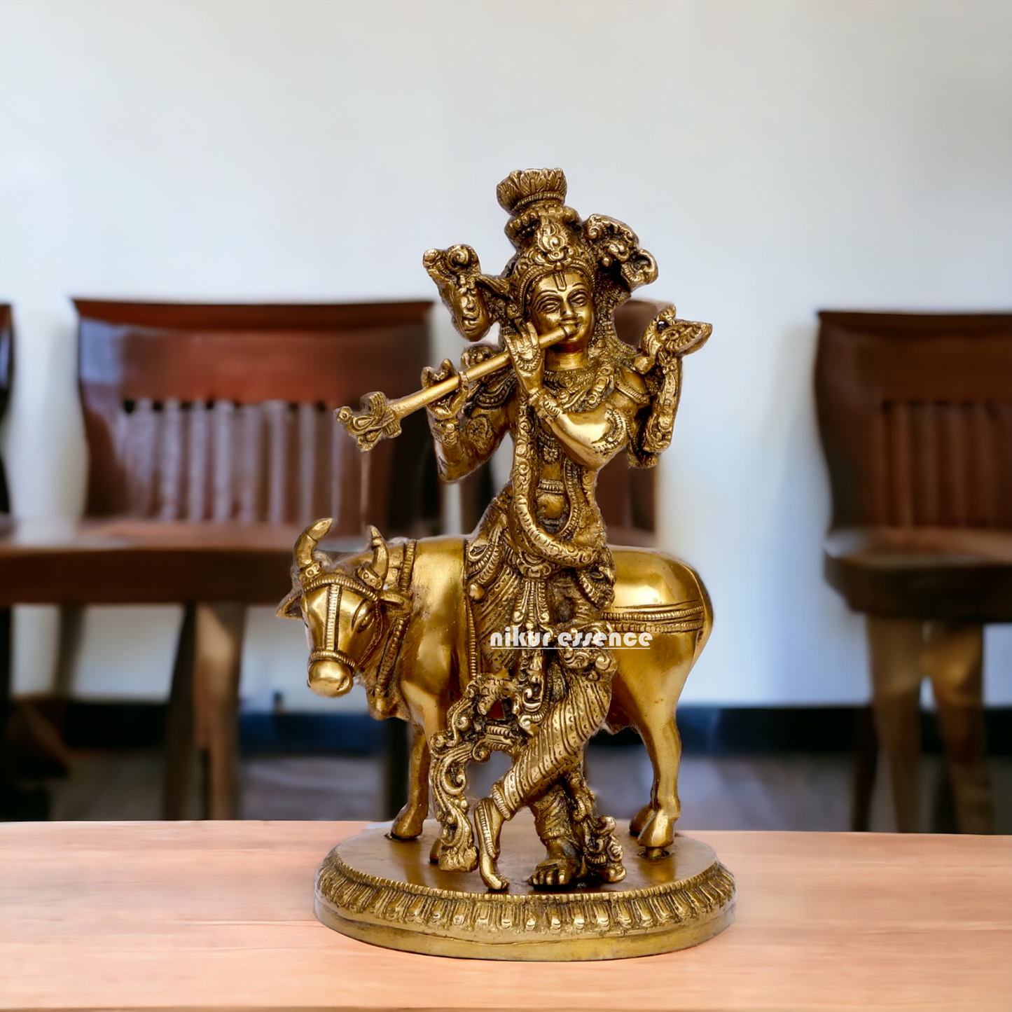 Pure Brass Krishna with cow statue - 10 inches Nikuressence