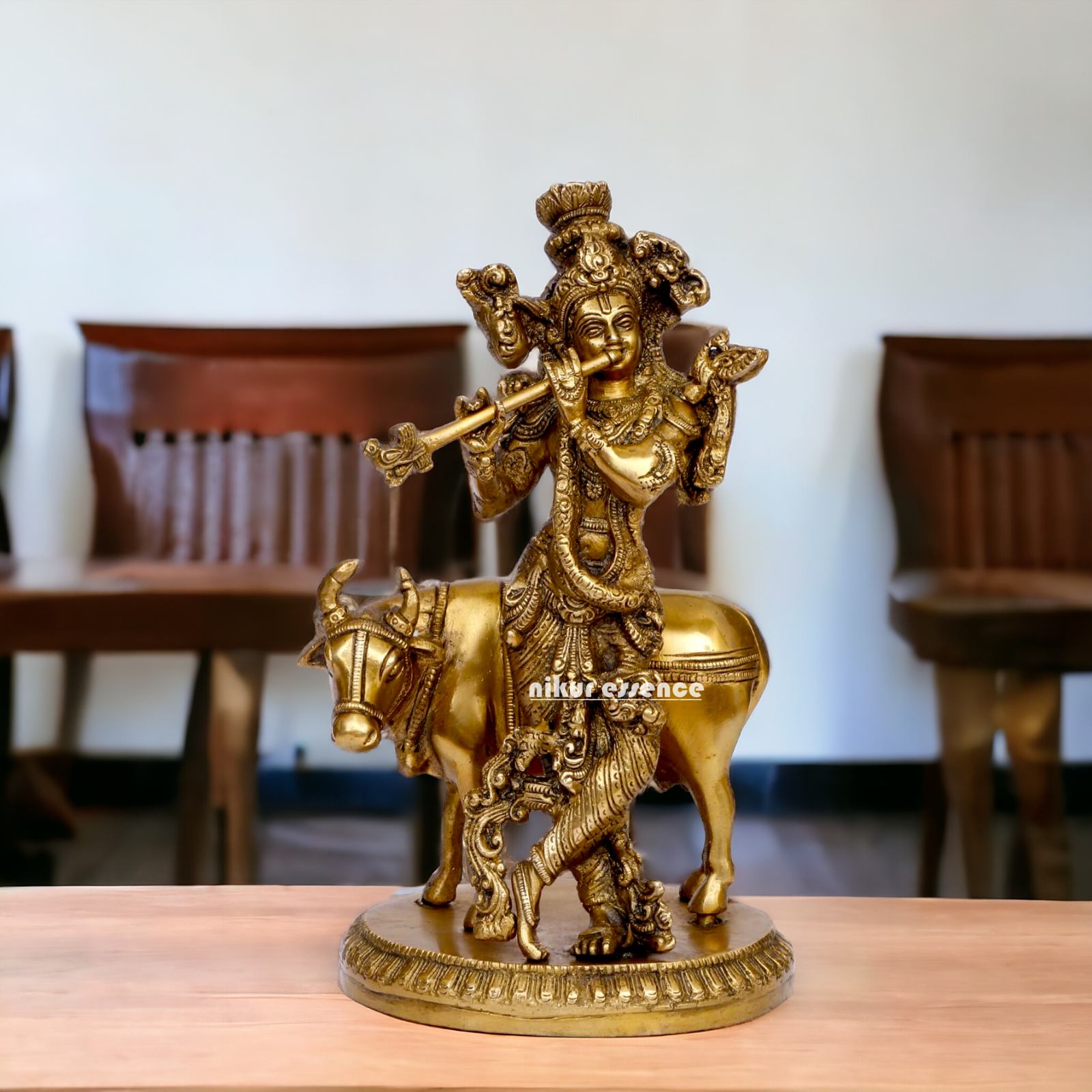 Pure Brass Krishna with cow statue - 10 inches Nikuressence