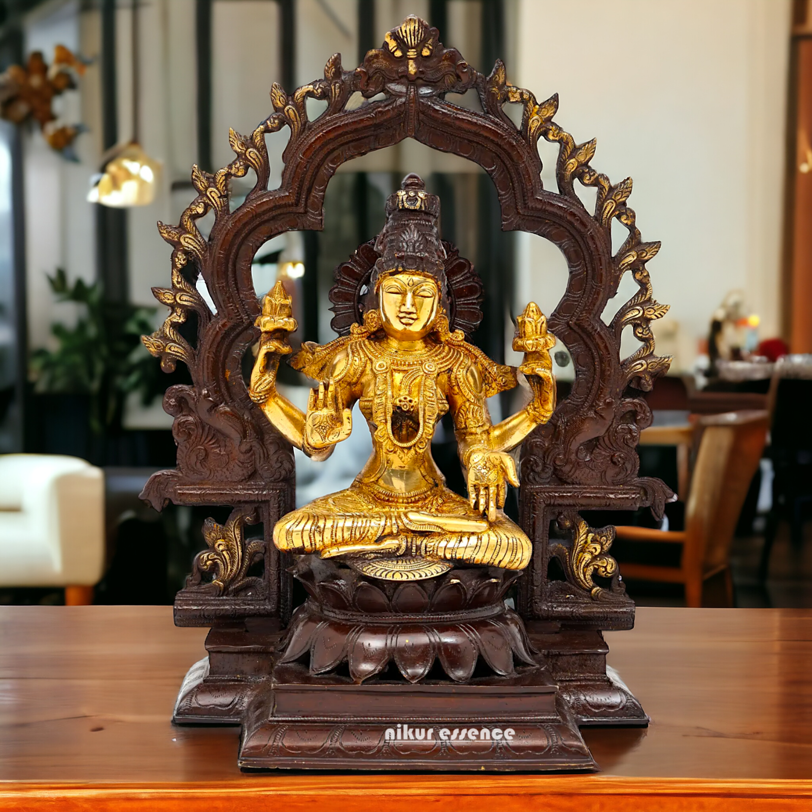 Brass Lakshmi Sitting on Lotus Idol - 15 inches Nikuressence