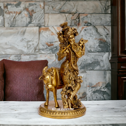 Pure Brass Krishna with cow statue - 10 inches Nikuressence