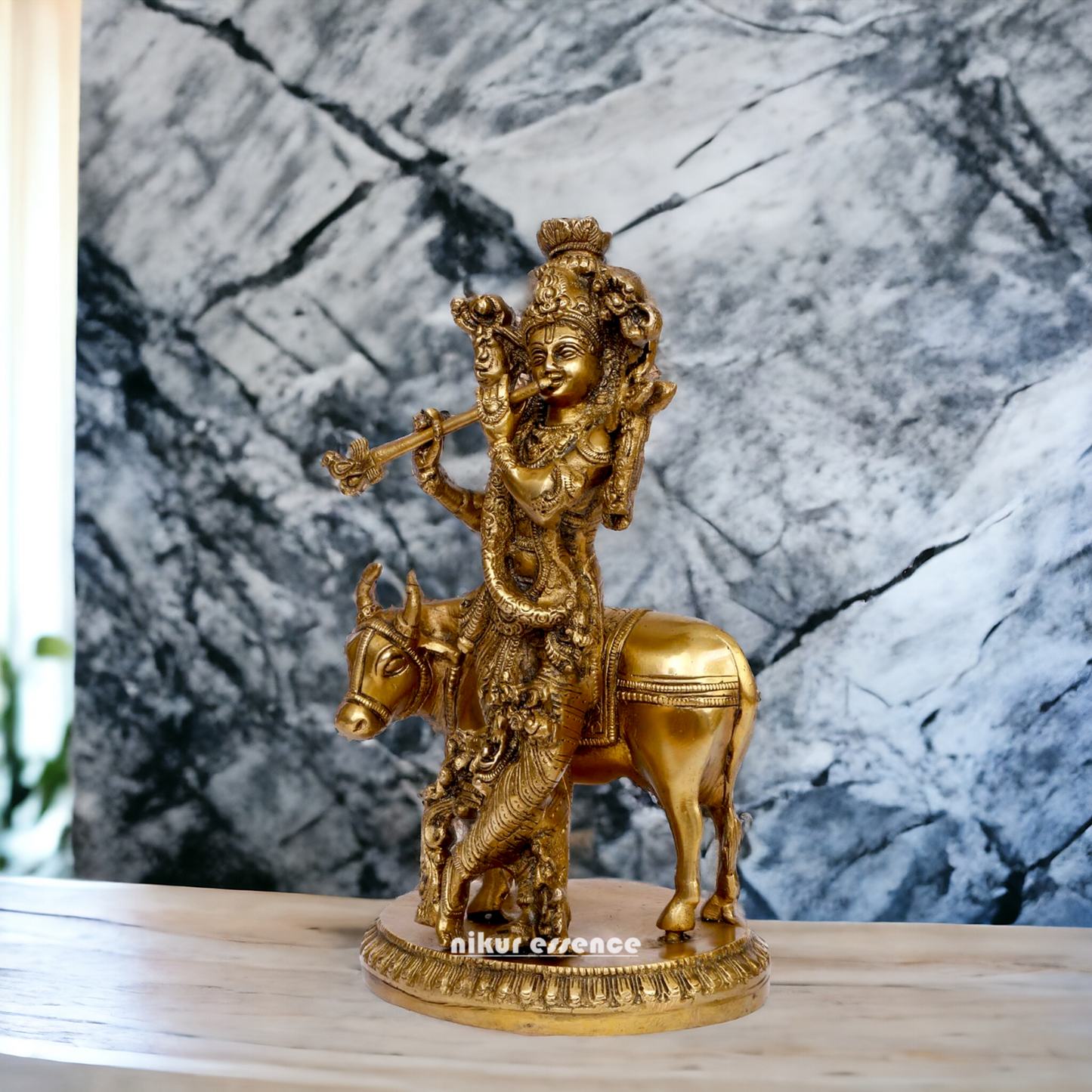 Pure Brass Krishna with cow statue - 10 inches Nikuressence