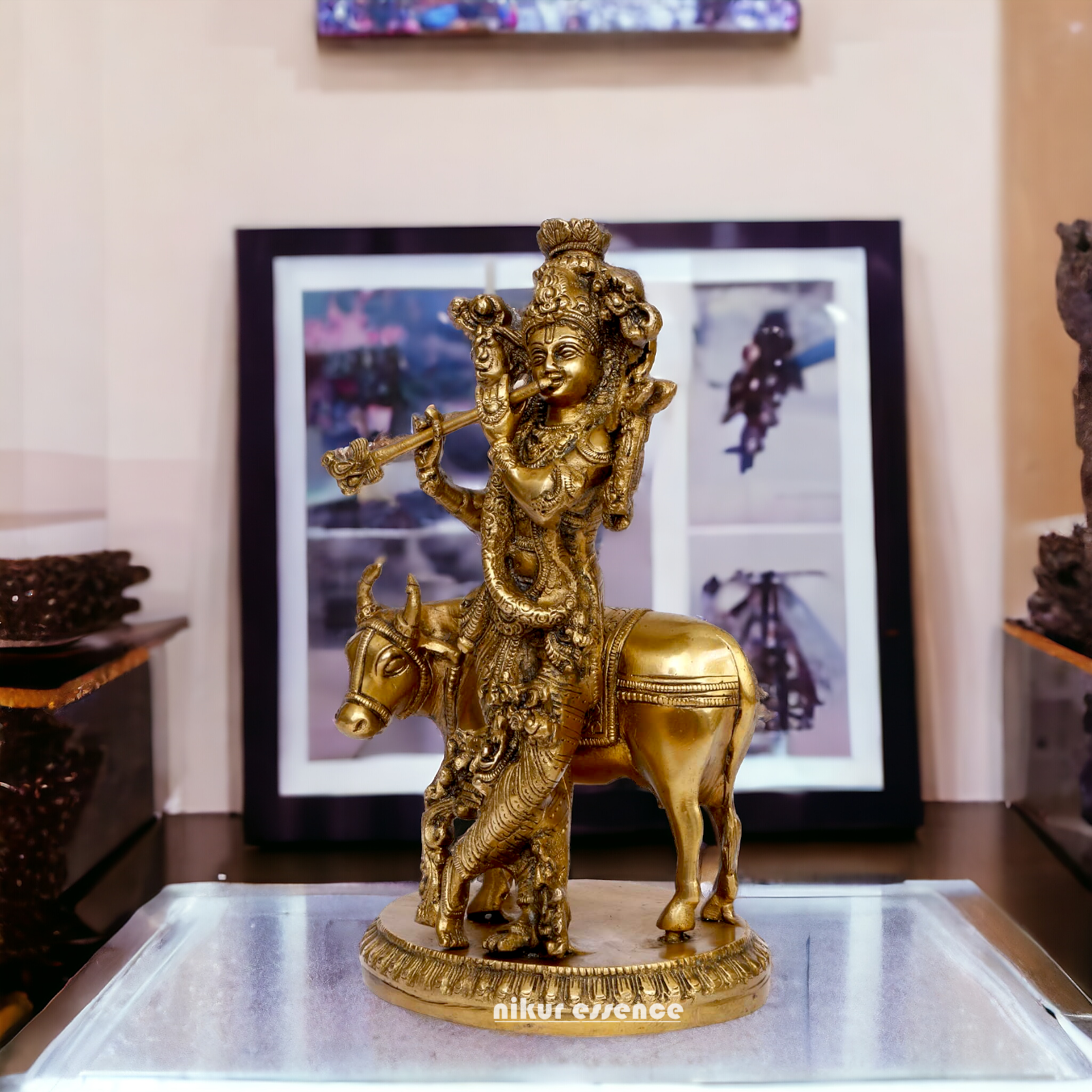 Pure Brass Krishna with cow statue - 10 inches Nikuressence