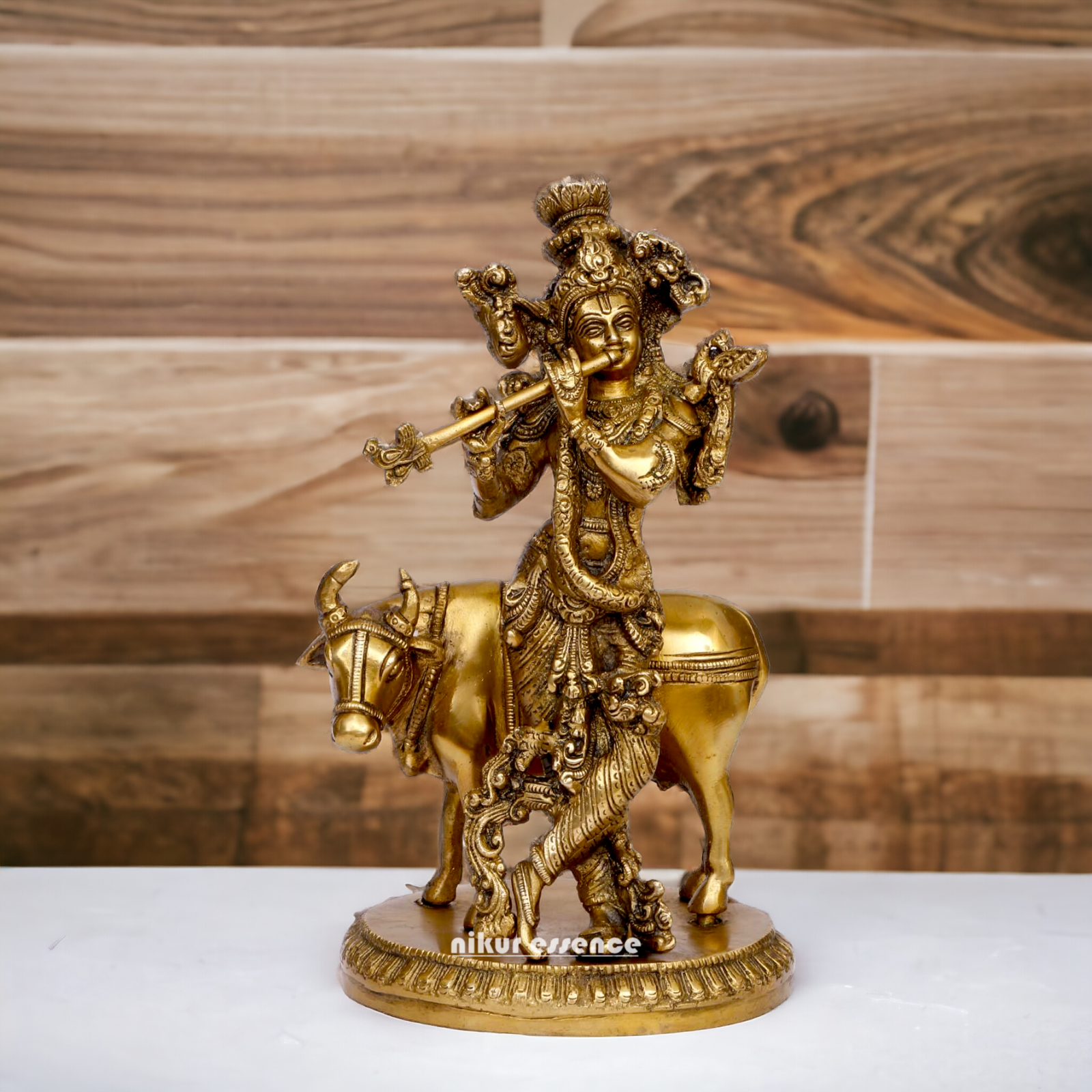 Pure Brass Krishna with cow statue - 10 inches Nikuressence