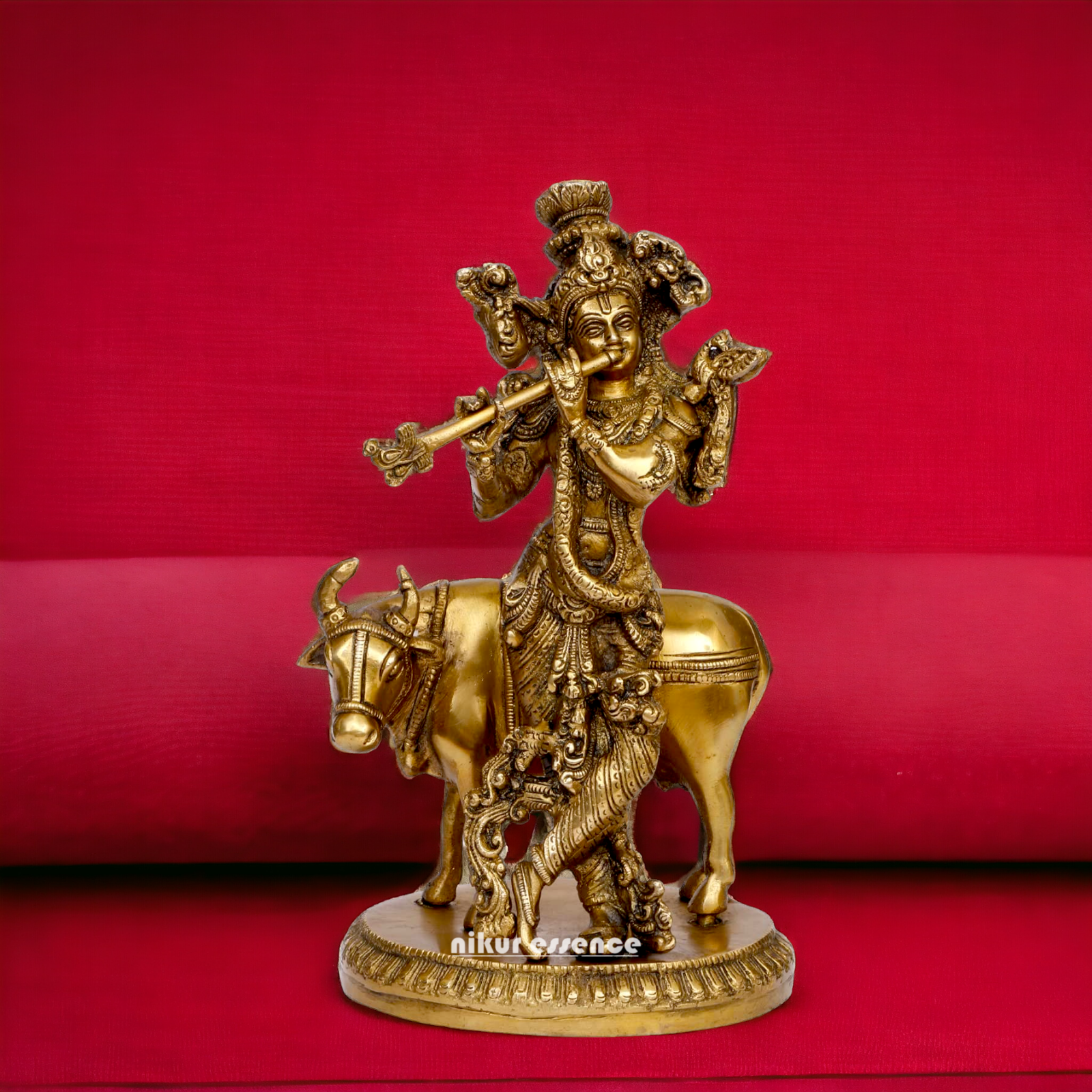 Pure Brass Krishna with cow statue - 10 inches Nikuressence