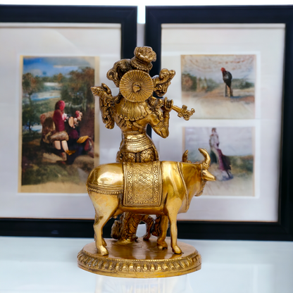 Pure Brass Krishna with cow statue - 10 inches Nikuressence