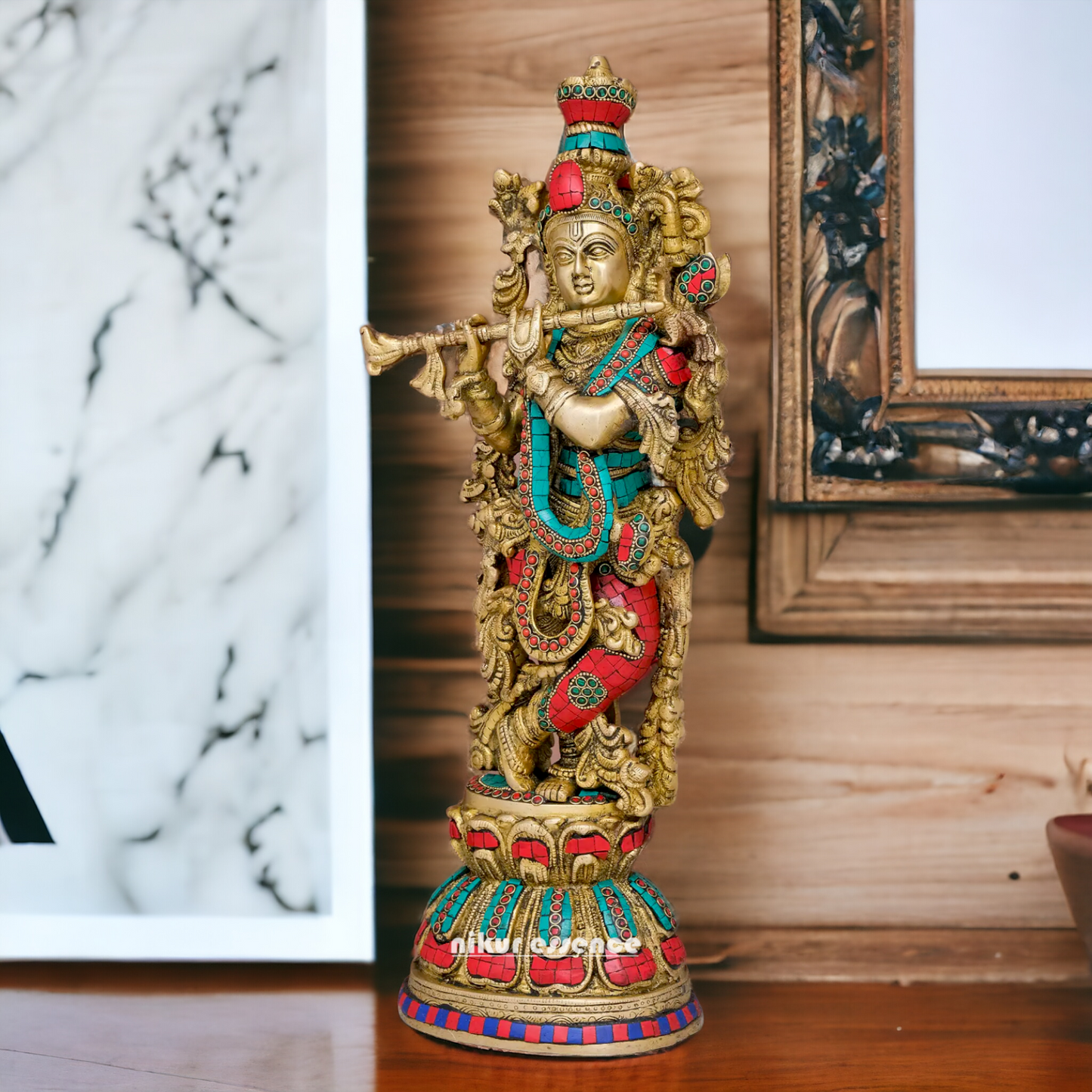 Lord Krishna Standing Brass with Stone Work idol - 20 inches Nikuressence