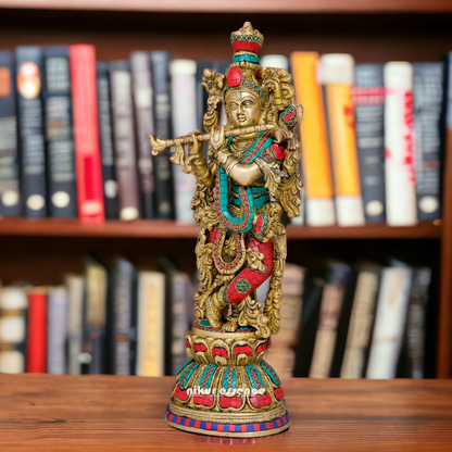 Lord Krishna Standing Brass with Stone Work idol - 20 inches Nikuressence