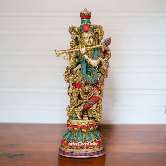 Lord Krishna Standing Brass with Stone Work idol - 20 inches Nikuressence