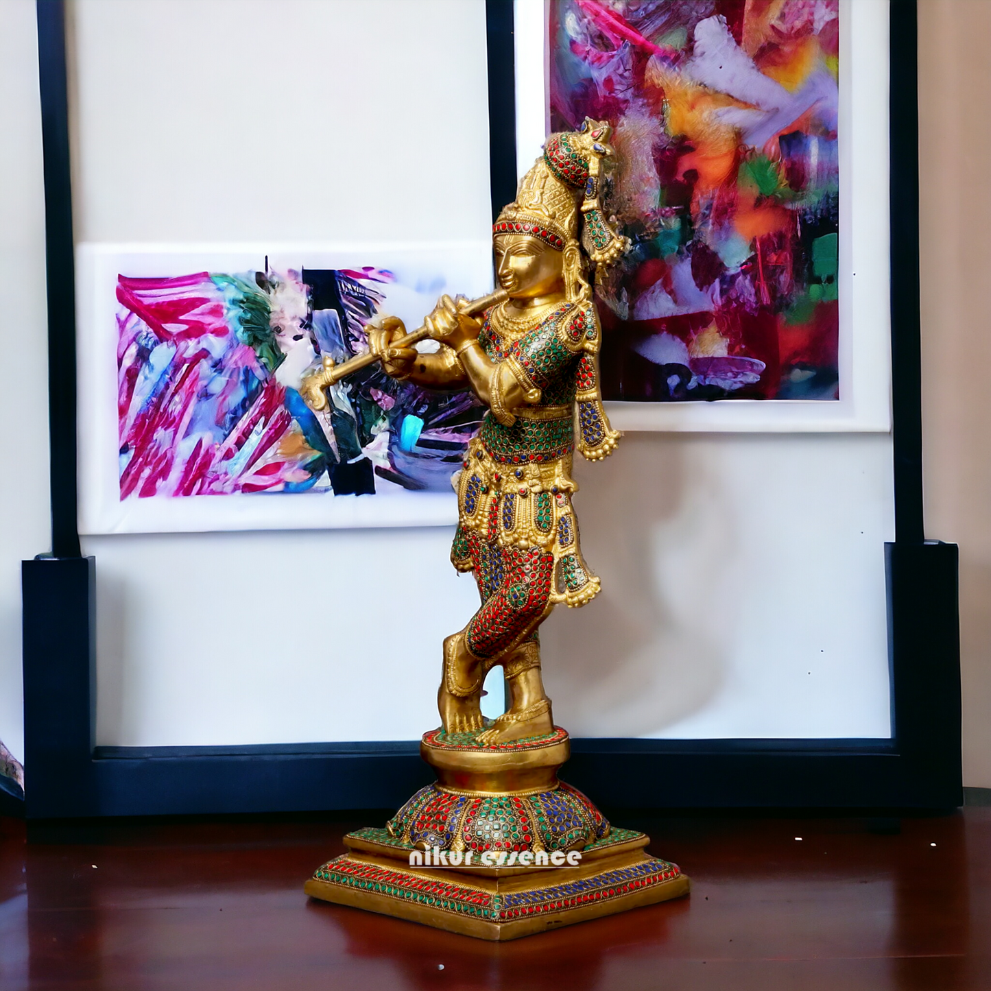 Brass Krishna Murli Madhav Playing Flute with Stone Work idol - 24 inches Nikuressence