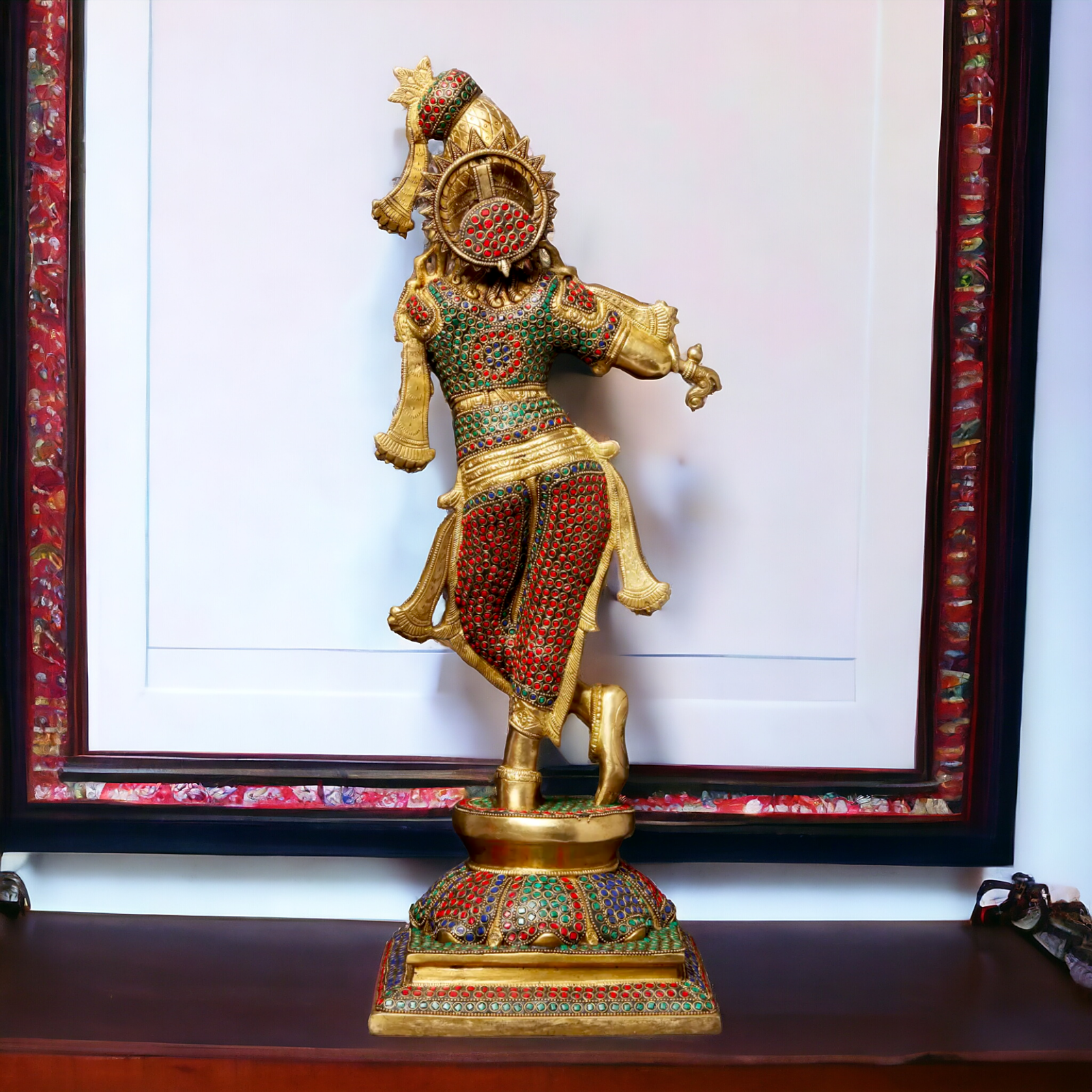 Brass Krishna Murli Madhav Playing Flute with Stone Work idol - 24 inches Nikuressence