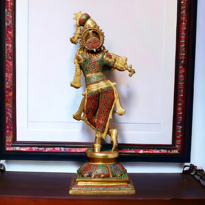 Brass Krishna Murli Madhav Playing Flute with Stone Work idol - 24 inches Nikuressence