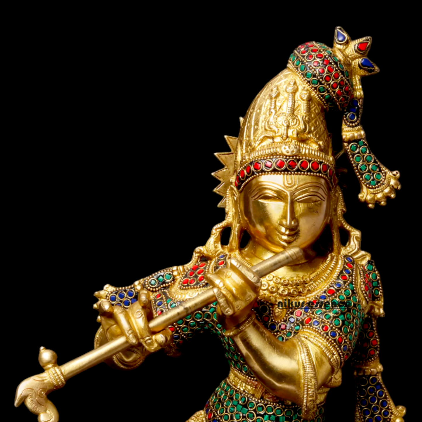 Brass Krishna Murli Madhav Playing Flute with Stone Work idol - 24 inches Nikuressence
