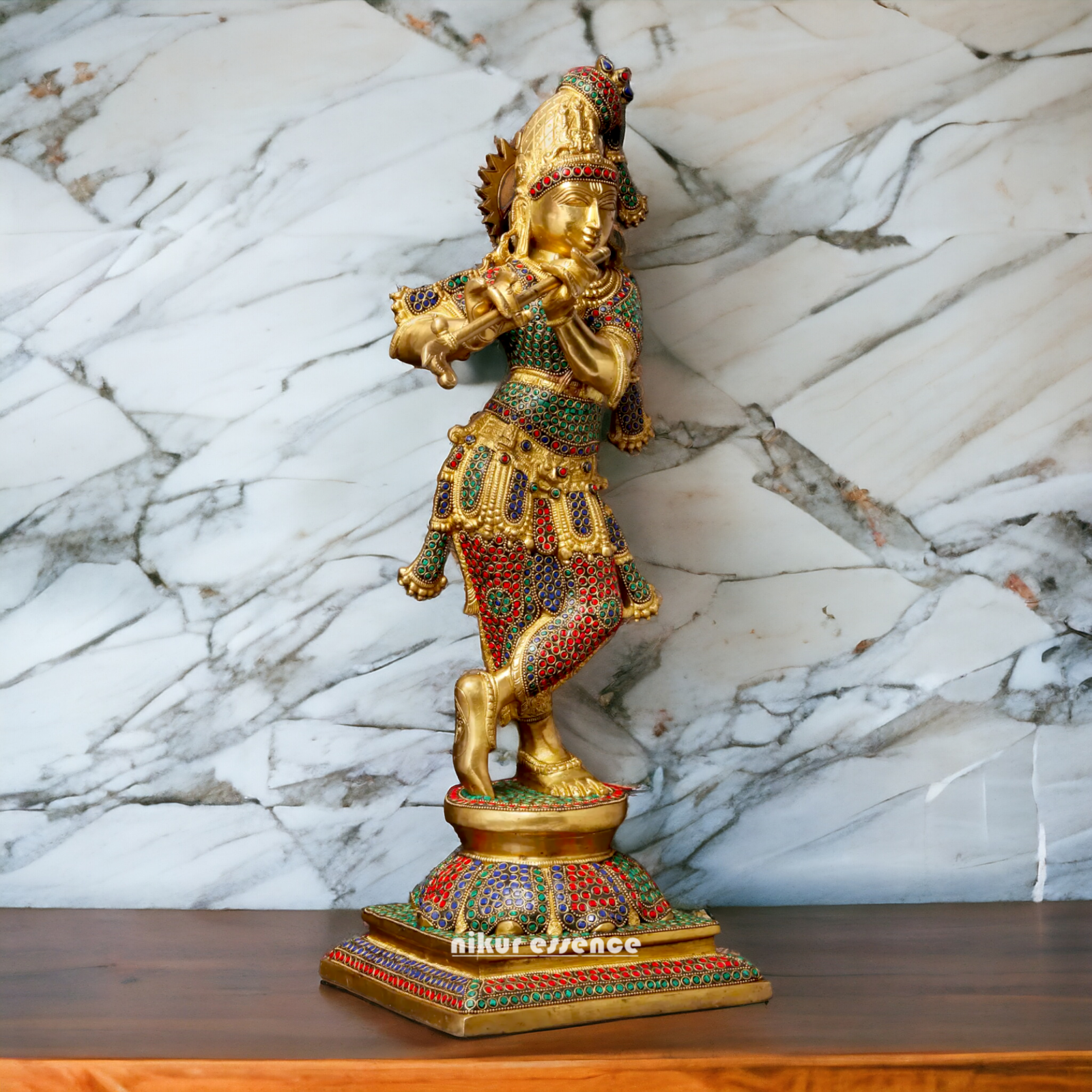 Brass Krishna Murli Madhav Playing Flute with Stone Work idol - 24 inches Nikuressence