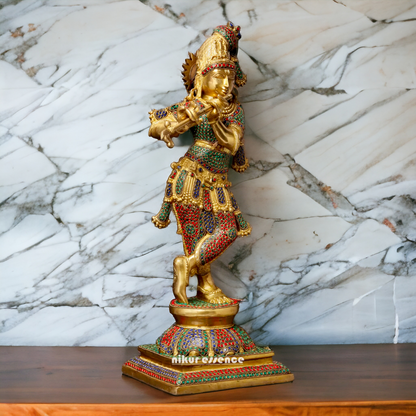 Brass Krishna Murli Madhav Playing Flute with Stone Work idol - 24 inches Nikuressence