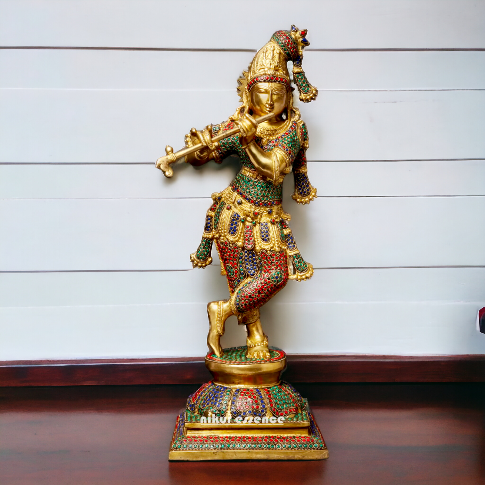 Brass Krishna Murli Madhav Playing Flute with Stone Work idol - 24 inches Nikuressence