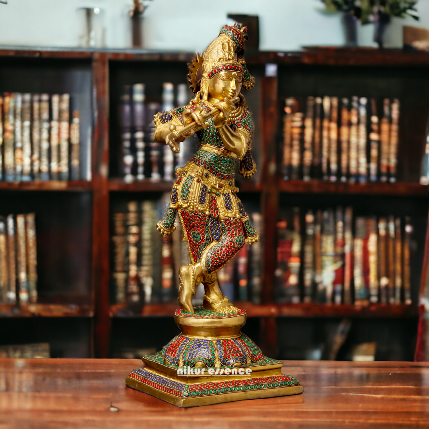 Brass Krishna Murli Madhav Playing Flute with Stone Work idol - 24 inches Nikuressence