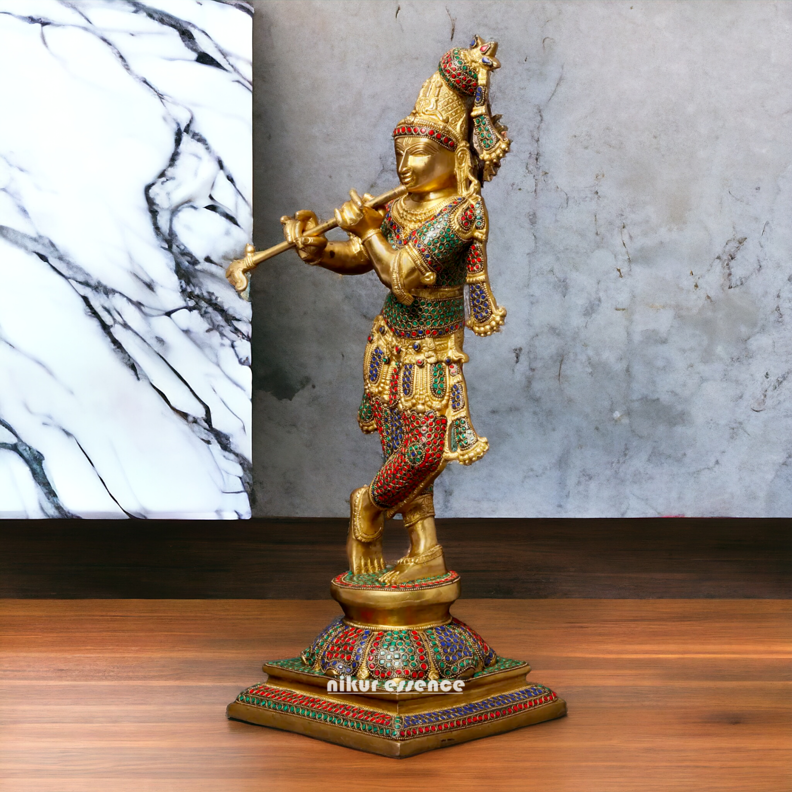 Brass Krishna Murli Madhav Playing Flute with Stone Work idol - 24 inches Nikuressence