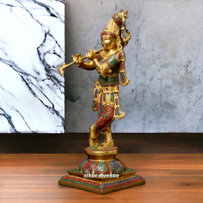Brass Krishna Murli Madhav Playing Flute with Stone Work idol - 24 inches Nikuressence