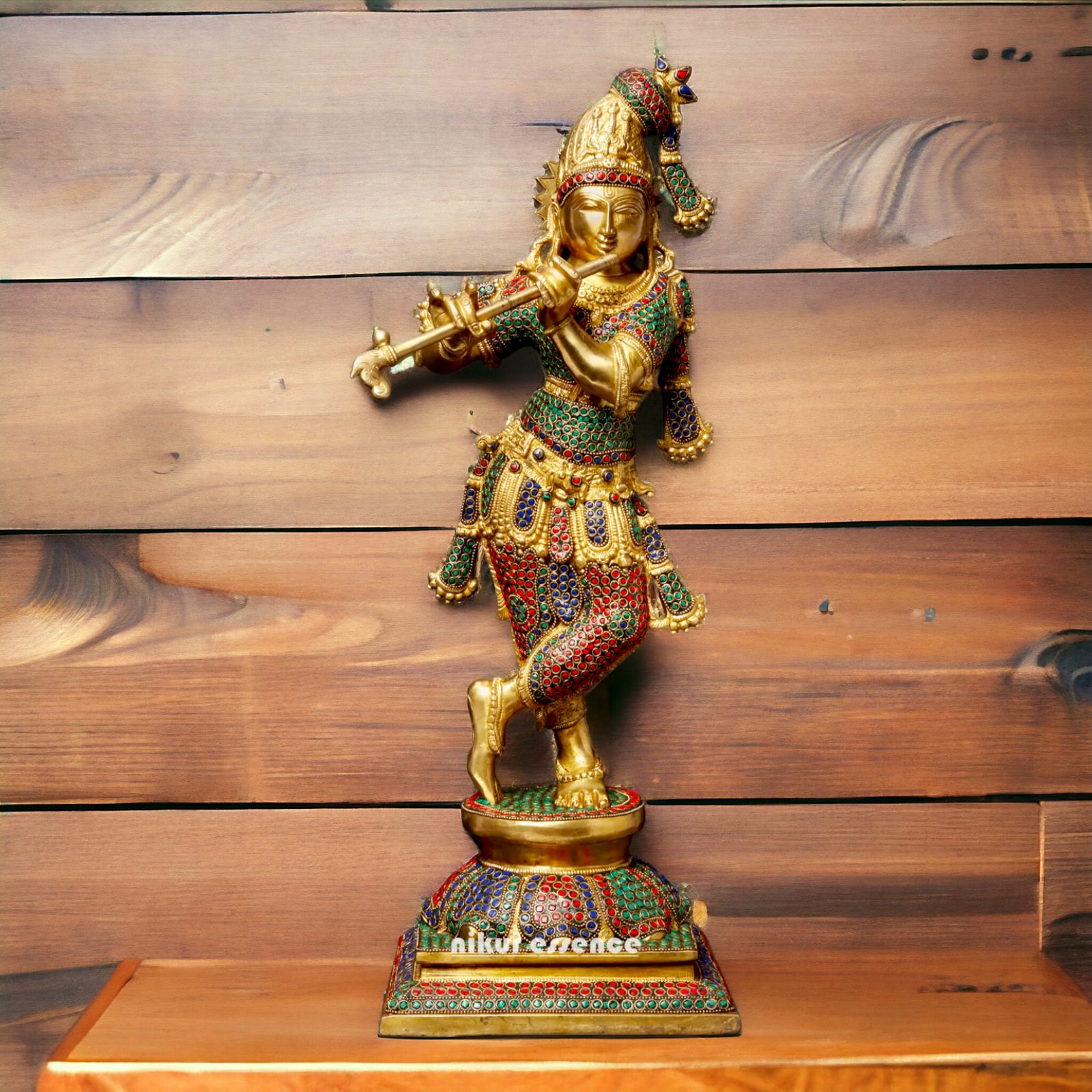 Brass Krishna Murli Madhav Playing Flute with Stone Work idol - 24 inches Nikuressence