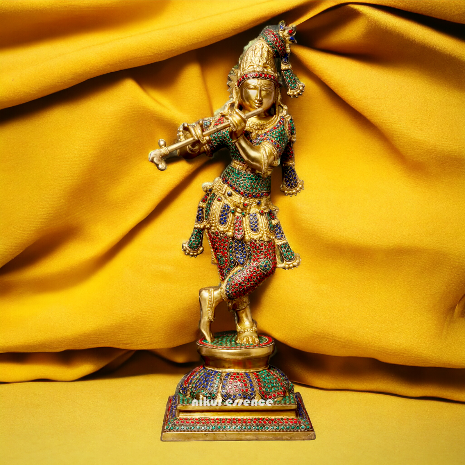 Brass Krishna Murli Madhav Playing Flute with Stone Work idol - 24 inches Nikuressence