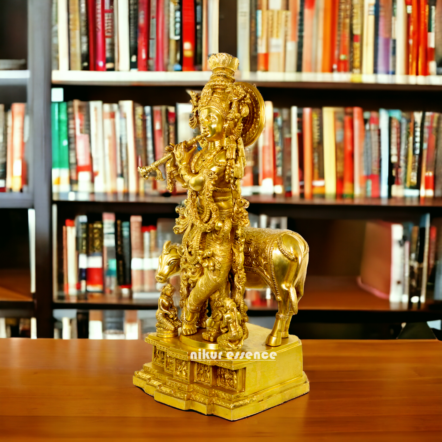 Large Krishna Gopala with cow Pure Brass idol - 28 Inches Nikuressence